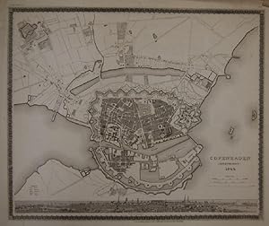 (Plan von) Copenhagen (Kiöbenhaven). 1844. Gestoch. Stadtplan. Darunter Panoramaansicht der Stadt...