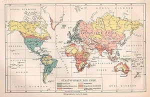 WELTKARTE, Staatsformen der Erde, Farblithographie, um 1899, 14x22 cm Bildformat