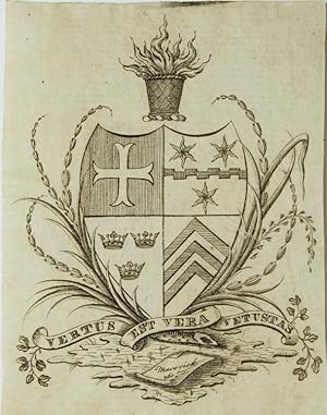 Engraved armorial bookplate of K[illian] K. Van Rensselaer of New York, with the motto "Vertus es...