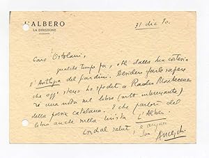 Biglietto viaggiato, autografo firmato, datato 31 dicembre 1950 - [Lecce], inviato a Roberto Orto...