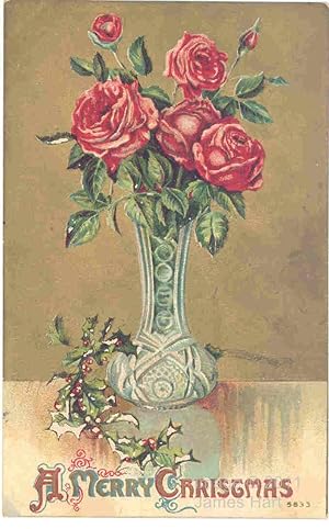 Vintage Postcard - A Merry Christmas - Vase of Red Roses