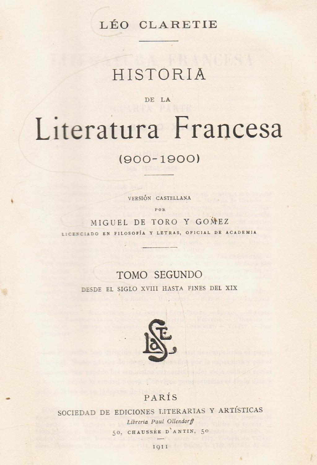 Historia De La Literatura Francesa Tomos De Claretie L O Aceptable