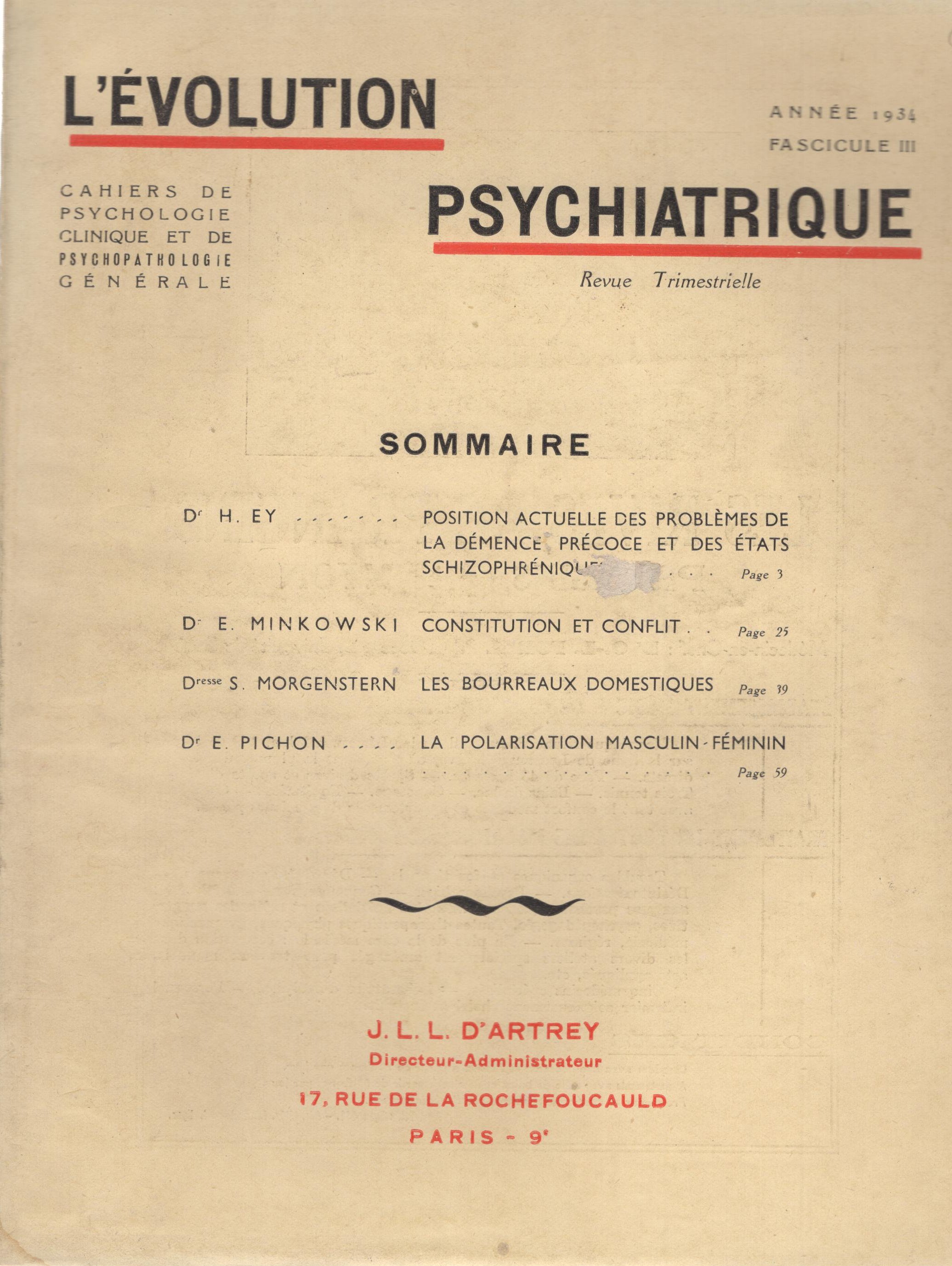 L Évolution Psychiatrique Cahiers de Psychologie clinique et de