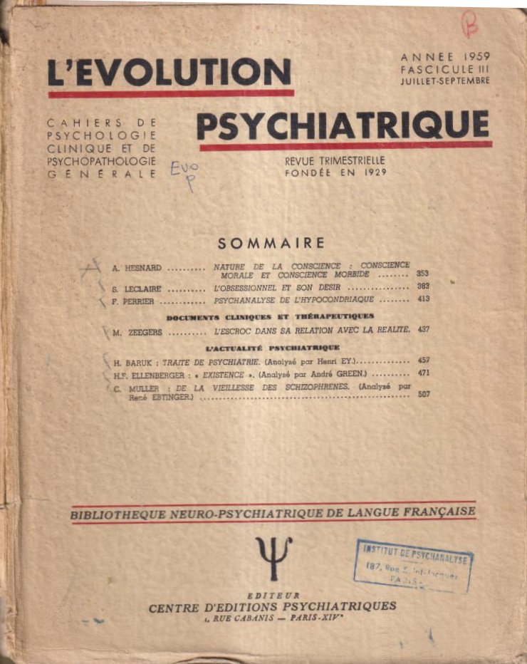 L Évolution Psychiatrique Cahiers de Psychologie clinique et de