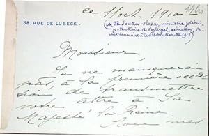 Carte Autographe de M. de SOUZA-ROSA adressée à Raoul de FRECHENCOURT. Il écrit qu'il retransmett...