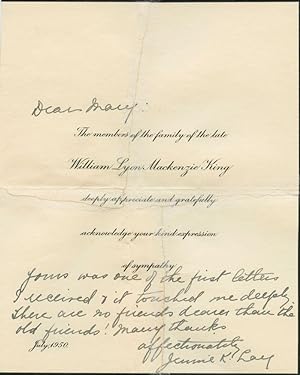 A William Lyon MacKenzie King funeral printed note July 1950 inscribed and signed by his sister, ...
