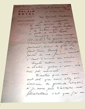 Lettre autographede Gustave QUINSON à entête du Théâtre du Palis Royal adressée à la fille Edouar...