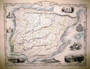 Spain and Portugal, antique map with vignette views