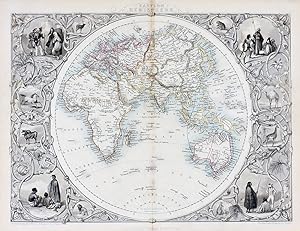 Eastern Hemisphere, antique map with vignette views