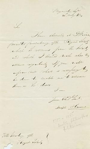 Joseph Hume May 20, 1831 Autograph Letter Signed to Royal Society secretary, acknowledging receip...