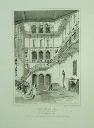 Original Antique Engraving Illustrating The Grand Staircase at Ashridge in Buckinghamshire, The S...
