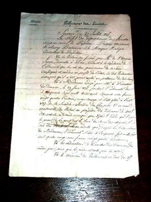 Document manuscrit à entête de la Préfecture des Landes Concerne une réclamation des biens confis...