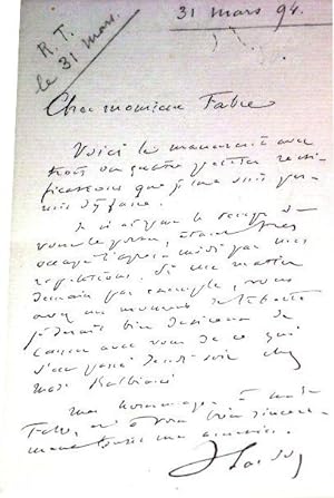 Lettre autographe signée de Victorien Sardou - Adressée à Monsieur Fabre. Au sujet d'un Manuscri...
