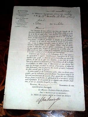 Document imprimé à entête du Ministère des Finances concernant M. Saint Martin Lacaze à Dax signé...
