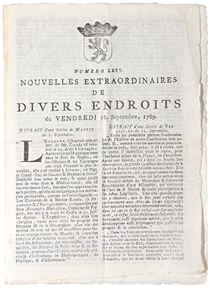 Numero LXXV. Nouvelles Extraordinaires de Divers Endroits du Vendredi 18 September, 1789 . Extrai...