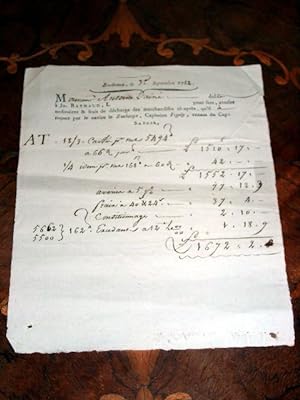 Document fait a Bordeaux le 3 septembre 1782 -Monsieur Antoine l'Ainé doit à Jn Raynaud pour fret...