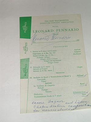 The New Westminster Overture Concert Association Presents Leonard Pennario, Pianist, 1960 (Autogr...