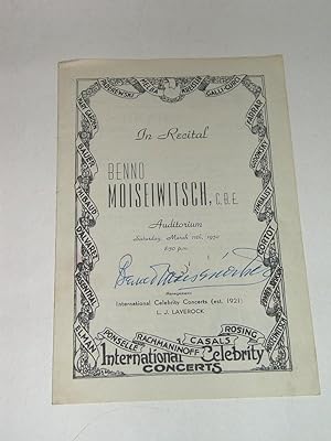 Benno Moiseiwitsch in Recital, Auditorium, March 11th, 1950 (Autographed Concert Programme)