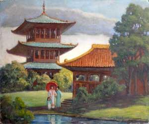 Summer in Japan. (Two Women and Child with Pagodas).