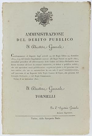 AMMINISTRAZIONE DEL DEBITO PUBBLICO. orino, 20 settembre 1821.: