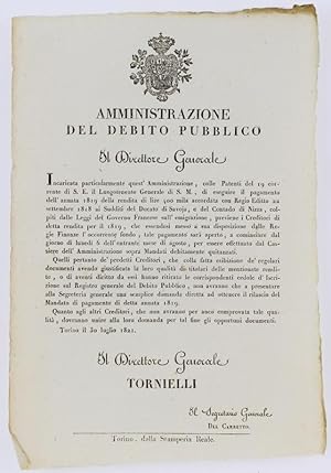 AMMINISTRAZIONE DEL DEBITO PUBBLICO. Torino, 30 luglio 1821.: