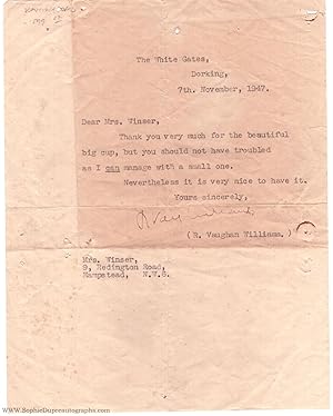 Typed letter signed to Mrs Winser, (Ralph, 1872-1958, Composer)