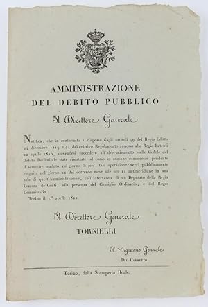 AMMINISTRAZIONE DEL DEBITO PUBBLICO. torino, 1 aprile 1822.: