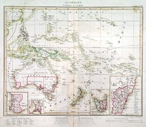 AUSTRALIEN. Map of Australia and Polynesia. Four small inset maps of West Australia, New South ...
