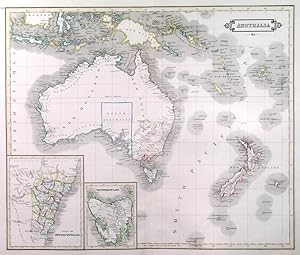 AUSTRALIA. Map of Australia and New Zealand with two inset maps of Tasmania and New South Wales.