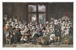 LARGE GROUP OF DUTCH NOBLEMEN posing around a dining table, many raising their glasses. Handcolou...