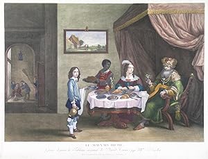 LE MAUVAIS RICHE. A rich gentleman and his lady sitting at a well laid out dining table, attend...