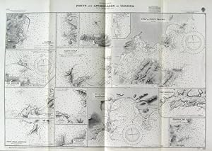 PORTS AND ANCHORAGES IN CORSICA. Sea chart of 14 ports on Corsica, from French Government Chart...