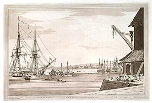 VIEW OF GREENWICH FROM DEPTFORD YARD. View of Greenwich across the Thames with sailing ships an...