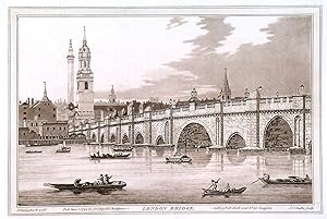 LONDON BRIDGE. View of London Bridge from the Southwest towards the Monument. Sepia aquatint en...