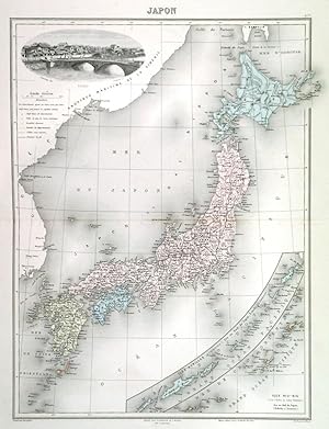 JAPON. Doublepage map of Japan with inset maps of Kuril and Ryukyu Islands, and an oval vignett...