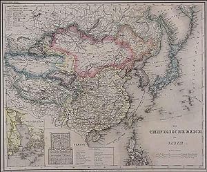 DAS CHINESISCHE REICH UND JAPAN. Map of China, Mongolia, Korea and Japan with inset plan of Pek...