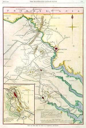 MAP OF THE SEAT OF WAR IN VIRGINIA. Map of the area around Washington during the Civil War, rea...