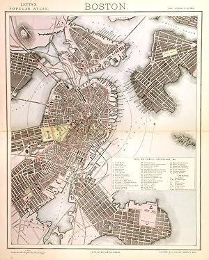 BOSTON. Map of Boston and the harbour with list of public buildings.
