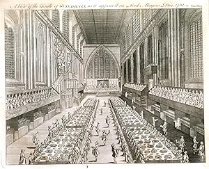A VIEW OF THE INSIDE OF THE GUILDHALL AS IT APPEAR D ON LORD MAYORS DAY 1761 . A banquet scene.