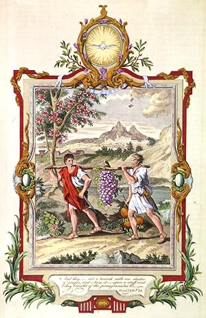 Decorative scene from Biblical Times showing grape gatherers with an enourmous Bunch of Grapes an...