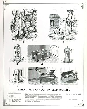 WHEAT, RICE AND COTTON SEED HULLERS. Eight illustrations from an American trades publication T...