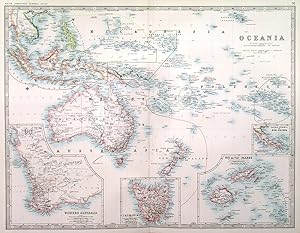OCEANIA. Very detailed doublepage map of Australia, New Zealand and Islands in the South Pacifi...