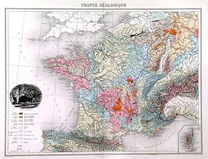 FRANCE GEOLOGIQUE. Geological map of France with vignette view of Grotte De Royat and small ins...
