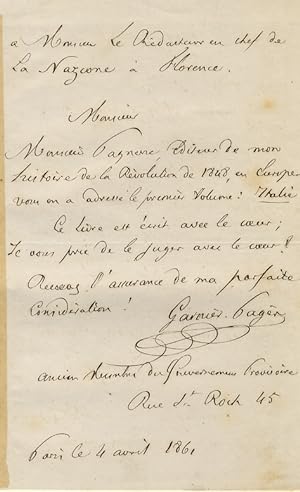 Lettera autografa firmata, su una facciata, datata: "Paris le 4 avril 1861", indirizzata a: "a Mo...
