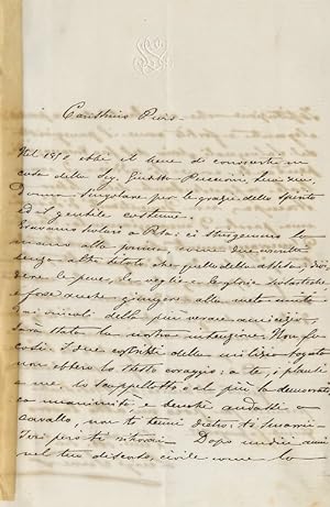 Lettera autografa firmata, su due facciate, datata: "Firenze 7 gennaio 1862". Indirizzata a Piero...