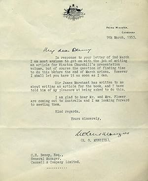 TLS from the Australian Prime Minister Robert Menzies, addressed by hand to "My dear Denny"