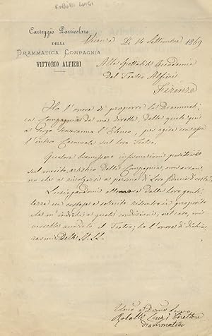Lettera autografa firmata, datata 14 settembre 1869, su carta intestata: "Carteggio particolare d...