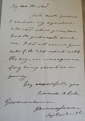 Autograph Letter Signed. Germantown, Pennsylvania Congregationalist