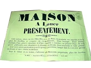 Affiche ancienne sur papier jaune timbré - Avril 1887 - Maison à louer présentement - Cette maiso...
