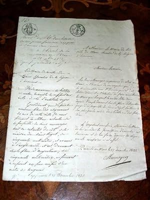 Lettre manuscrite sur papier filigranne timbre royal du 27 décembre 1822 du sieur Monnoyer imprim...